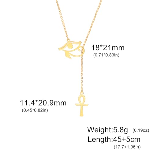 Ankh Cross Y Necklace Key of Life Eye of Horus Pendant Cartouche Long Chain Protection African Coptic Amulet Ancient Egyptian Religious Jewelry Gift for Women Men - color: Ankh Cross Eye of Horus gold