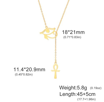 Ankh Cross Y Necklace Key of Life Eye of Horus Pendant Cartouche Long Chain Protection African Coptic Amulet Ancient Egyptian Religious Jewelry Gift for Women Men - color: Ankh Cross Eye of Horus gold