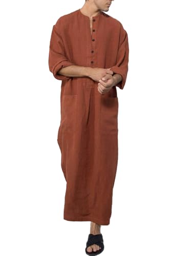 OhMill Men's Kaftan Thobe Long Sleeve Muslim Robe Button Up Side Split Kaftan Thobe with Pockets - color: Brown-l