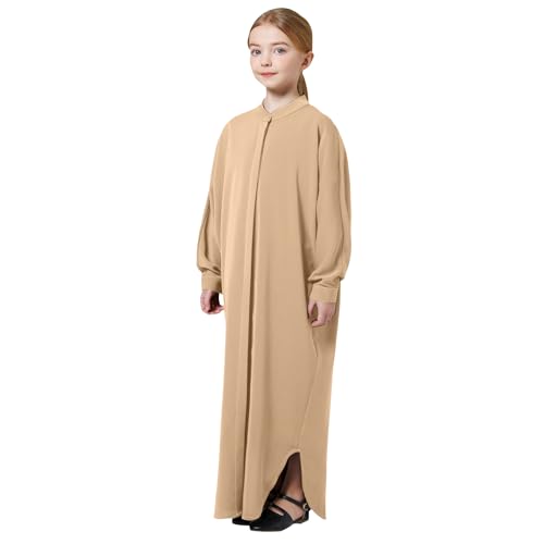 ODIZLI Girls Ramadan Abaya Muslim Batwing Sleeve Long Shirt Prayer Dress Kaftan Dubai Islamic Loose Maxi Dress - color: Khaki, size: 7-8 Years