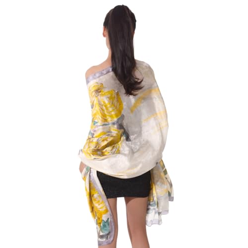 Extra Large Silk Scarf for Women 100% Mulberry Silk Shawl Wrap Oversized Jacquard Floral Scarves with Elegant Gift Box - color: Yellow Floral