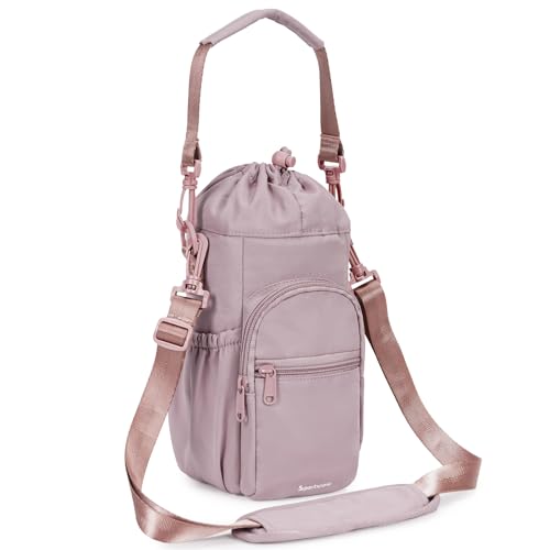 sportsnew 40oz Insulated Crossbody Water Bottle Bag Gym Hiking Phone Pocket | Water-resistant Lining, Padded Strap, Top Handle, Drawstring, Phone Pocket, Elastic Slots, Built-In Key Clip for Gym Walking - color: Pink
