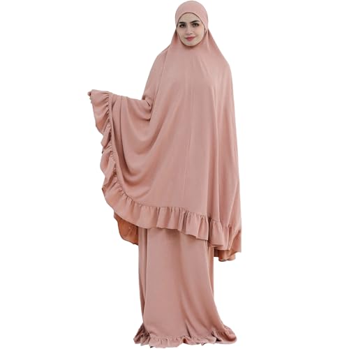 2PCS Abayas for Women Muslim Dress Ruffled Hem Modest Prayer Robe Full Coverage Modest Jilbab Set - color: Pink, size: Large