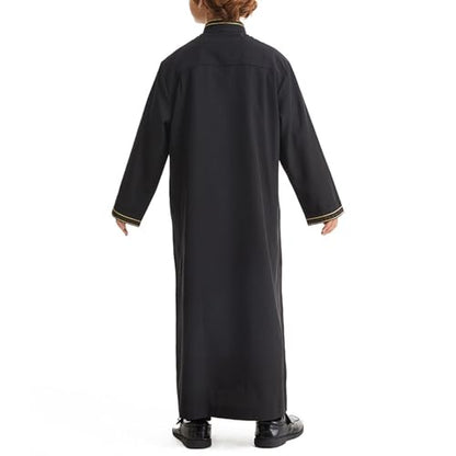 Muslim Thobe for Boys Islamic Thobe Long Sleeve Kaftan Stand Collar Button 𝐑obe Kids Ramadan Eid Outfit Prayer Clothes - color: Black, size: 11-12 Years