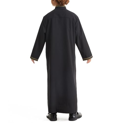 Muslim Thobe for Boys Islamic Thobe Long Sleeve Kaftan Stand Collar Button 𝐑obe Kids Ramadan Eid Outfit Prayer Clothes - color: Black, size: 9-10 Years