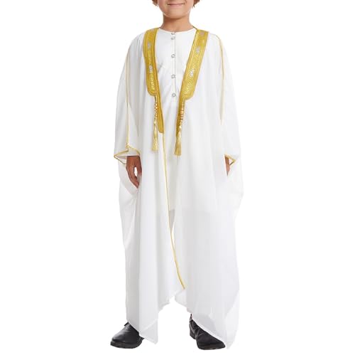 Toddler Boys Muslim Arabic Thobe Long Sleeve Embroidered Islamic Kaftan Teens Middle East Prayer Dress Ramadan Eid Clothes - color: White, size: 5-6 Years