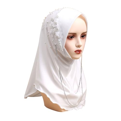 RARITYUS Women Bling Rhinestone Pearl Instant Scarf Muslim Hijab Fashion Shawl Head Wrap Turban Cap with Flower Accent - color: White