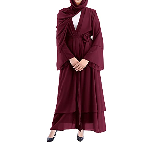 Women's Chiffon Muslim Cardigan Kaftan East Arabian Abaya Dress Casual Islamic Cover Up Long Dresses - color: Burgundy, size: X-Large
