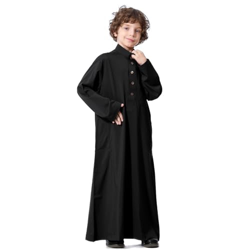 IDOPIP Muslim Thobe for Boys Kids Long Sleeve Islamic Arabic Kaftan Robe Middle East Dubai Prayer Dress Clothes with Pockets - color: Black, size: 11-12 Years