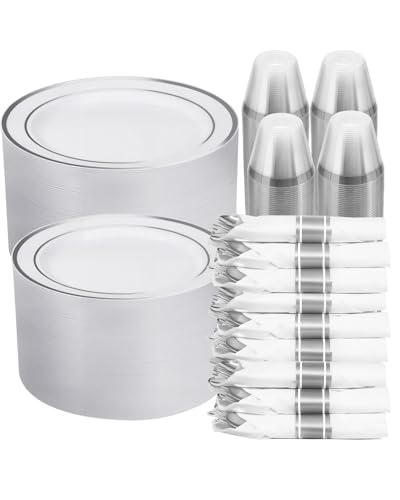 700 PCS White and Silver Plastic Dinnerware Set for 100 Guests, 200 Disposable Plates for Party, 100 Pre Rolled Napkins with Silver Silverware, 100 Cups - color: White Silver, size: 100 guests