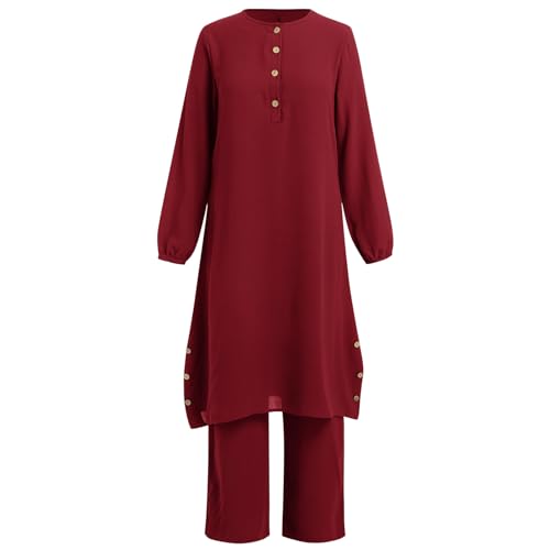 IDOPIP Women's Muslim Abaya Dress 2 Pieces Set Long Sleeve Button Down Shirt and Pants Casual Arabic Islamic Dubai Outfits - color: Wine Red, size: 3X-Large