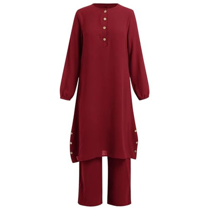 IDOPIP Women's Muslim Abaya Dress 2 Pieces Set Long Sleeve Button Down Shirt and Pants Casual Arabic Islamic Dubai Outfits - color: Wine Red, size: XX-Large