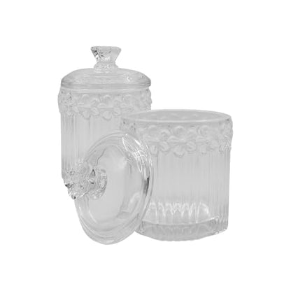 2 Pack Glass Qtip Holder Canisters with Lids, Crystal Clear Apothecary Jars for Cotton Balls, Swabs, Floss, Candy & Makeup Pads, Bathroom Vanity Organizers & Beauty Storage(Clear)