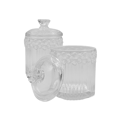 2 Pack Glass Qtip Holder Canisters with Lids, Crystal Clear Apothecary Jars for Cotton Balls, Swabs, Floss, Candy & Makeup Pads, Bathroom Vanity Organizers & Beauty Storage(Clear)