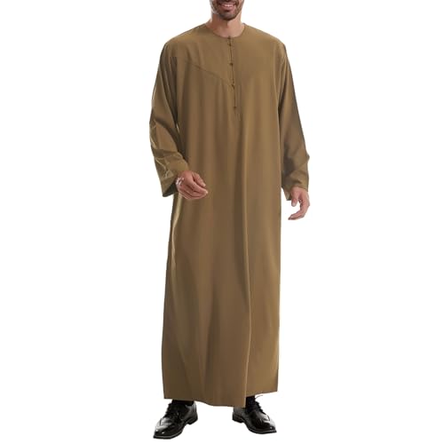 IKADEX Muslim Thobe for Men Islam Kaftan Long Sleeve Button Down Casual Henley Prayer Robe Clothing Dubai Arabic with Pockets - color: B-brown, size: Large