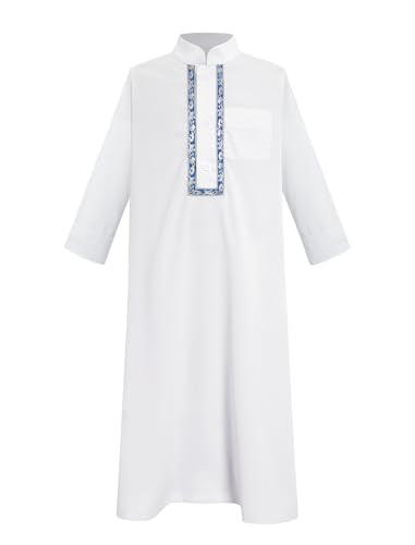 FYMNSI Kids Boys Thobe Muslim Prayer Clothes Saudi Dubai Robe Kaftan with Pockets Dishdasha Islamic Eid Ramadan Outfits 5-10T - color: White, Blue, size: 6-7 Years