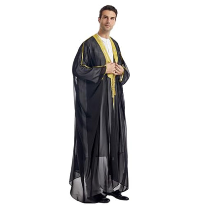 Muslim Thobe for Men Kaftan Robe Ramadan Abaya Prayer Dress Chiffon Open Front Embroidered Cardigan Islam Dubai Thobe Kimono - color: Black, size: X-Large