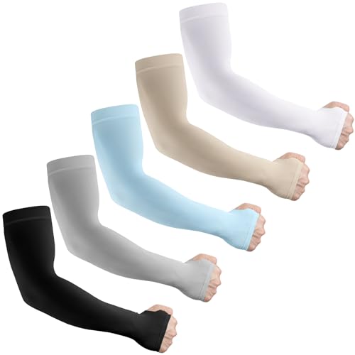 LUOLIIL VOE Arm Sleeves for Men Women，UV Sun Protection Cooling Compression - color: 5 Pairs-black/Beige/White/Blue/Grey#