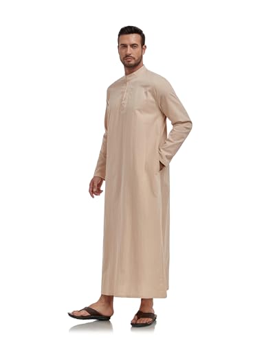 Jacansi Men's 65% Cotton 35% Linen Kaftan Robe, Henley Button Down Thobe, Long Sleeve Casual Gown with Pockets - color: Khaki, size: 3X-Large