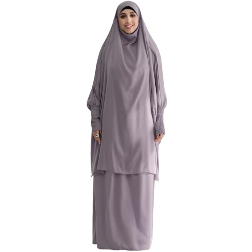 Muslim Women Abaya Two Pieces Set Prayer Dress Elasticated Sleeves Islamic Robe Modest Full Cover Prayer Clothes - color: Light Gray