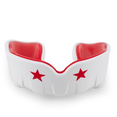 YOKKAO Muay Thai Boxing Mouth Guard – Boil and Bite Mouthguard with case for All Contact Sports, Easy Breathing Mouthpiece for Adults - White/Red - color: White/Red