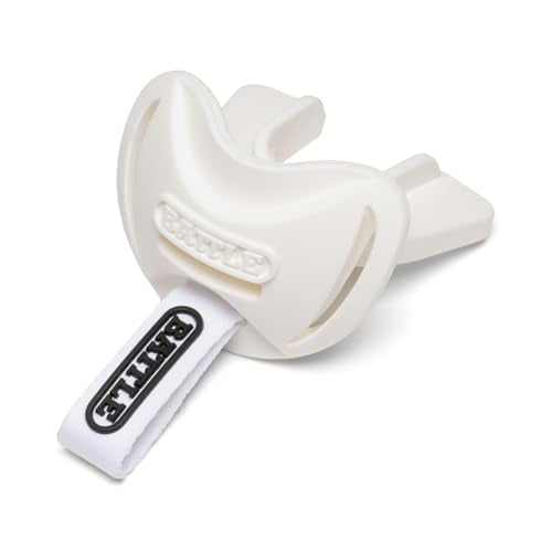 Battle Sports Speedtab F7 Football Mouthguard, White | No-boil design ready to use out of the package, Braces compatible, Pull tab finger strap for quick removal, Secure fit - color: White