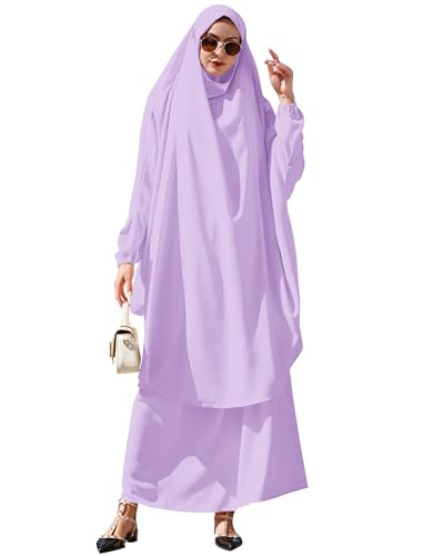 Abayas for Women Muslim Chiffon Prayer Burqa Dress Burkas for Women Muslim Hijab Dress Full Length Islamic Veil Abaya Set - color: Light Purple