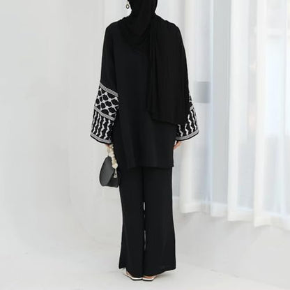 Women's Top + Pants Eid Ramadan Muslim Two-piece Outfits Embroidered Dubai Abaya Islamic Arabic Clothing - color: Black, size: X-Small-Small