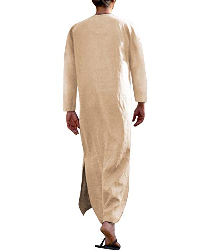 Jacansi Men's 65% Cotton 35% Linen Kaftan Thobe, Long Sleeve Casual Arabic Robe, Loose Long Gown with Pockets - color: Khaki #1, size: Medium