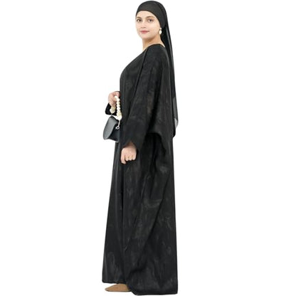 khalat Abaya Muslim Dress Women Satin Jacquard Prayer Dress Batwing Long Sleeve Islamic Dubai Robe with Chiffon Hijab - color: Black