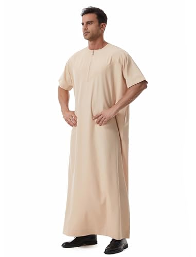 Muslim Men Abaya Short Sleeve Kaftan Islamic Arab Robe Men Dishdasha Zipper Robe Ethnic Clothes Dubai Travel Thobe - color: Beige, size: X-Large