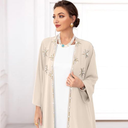 IDOPIP Muslim Abayas for Women Long Sleeve Open Front Cardigan Rhinestone Applique Islamic Dubai Maxi Kaftan Dress with Belt - color: Champagne, size: Small
