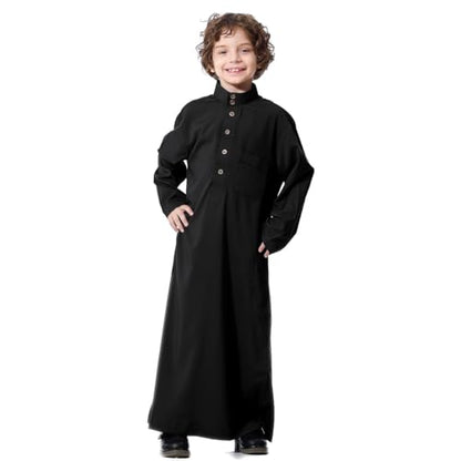 IDOPIP Muslim Thobe for Boys Kids Long Sleeve Islamic Arabic Kaftan Robe Middle East Dubai Prayer Dress Clothes with Pockets - color: Black, size: 11-12 Years