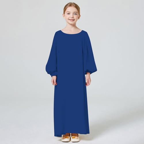 Kids Girls Muslim Abaya Long Lantern Sleeve Robe Maxi Dress Dubai Islamic Pleated Prayer Dress Full Cover Kaftan Casual - color: Royal Blue (Hijab), size: 7-8 Years