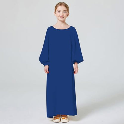 Kids Girls Muslim Abaya Long Lantern Sleeve Robe Maxi Dress Dubai Islamic Pleated Prayer Dress Full Cover Kaftan Casual - color: Royal Blue (Hijab), size: 9-10 Years