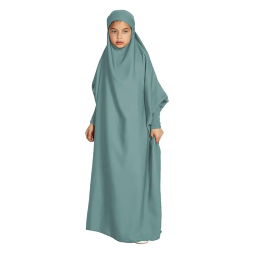 Solid Muslim Dress with Hijab for Girl Abaya Islamic Dubai Prayer Clothes Set Kids Kaftan Jilbab Dresses Burqa Outfit - color: Mint Green, size: 6-7 Years