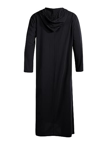 Jacansi Men's 65% Cotton 35% Linen Hooded Kaftan, Long Sleeve Button Down Thobe, Loose Casual Gown with Pockets - color: Black, size: Large