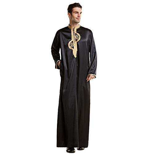 XINNI Men Arabic Long Sleeve Embroidery Thobe Stand Collar Kaftan Robe - color: Black, size: Large