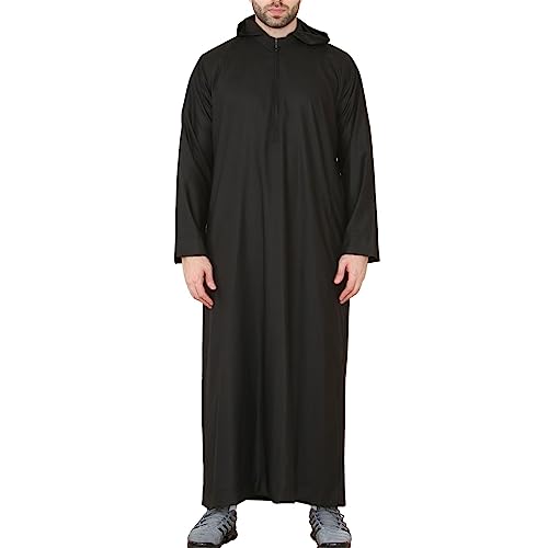 TruClothing Mens Hooded Thobe Hood Jubba Nehru Stand Collar Islamic Clothing Muslim Kaftan Robe Saudi Slim Regular Fit - color: Black Regular, size: Medium