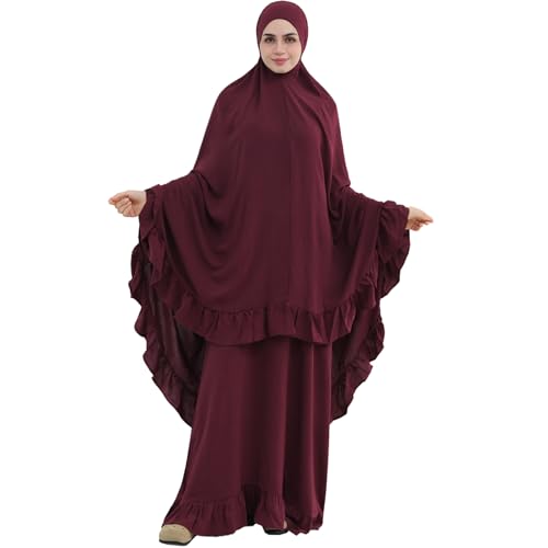 2PCS Abayas for Women Muslim Dress Ruffled Hem Modest Prayer Robe Full Coverage Modest Jilbab Set - color: Wine Red, size: Medium