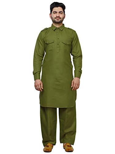 Pro-Ethic Style Developer Men Cotton Pathani Kurta Set Indian Wedding Dress | Traditional wear A-116 - color: Green, size: Small