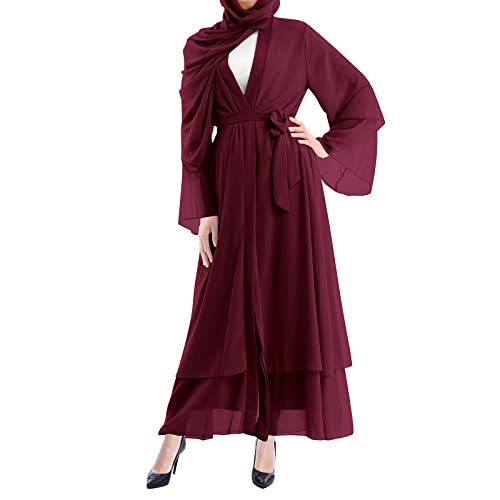 Women's Chiffon Muslim Cardigan Kaftan East Arabian Abaya Dress Casual Islamic Cover Up Long Dresses - color: Burgundy, size: Large