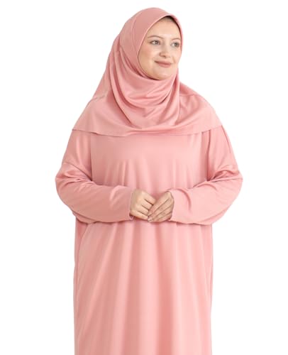 Women Prayer Clothes with Hijab Muslim Outfits Long Robe Abaya Turkish Islamic Dresses Dubai Kaftan with Rosary - color: Rose