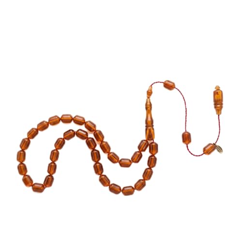 Saul Handmade 33 Beads Tasbih, Amber Phenolic Resin Islamic Prayer Beads with System Tassel, Pointed Capsule Cut Misbaha in Wooden Gift Box - color: Deep Amber Caramel