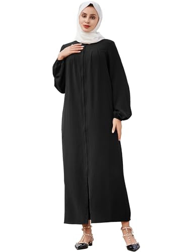 AWIBMK Women Abaya Dubai Stand Collar Zip Up Prayer Dress with Pockets Muslim Arabian Robe Modest Islamic Clothing - color: Black, size: 3X-Large
