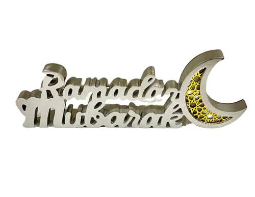 Ramadan Mubarak Sign Tabletop Wooden Letter Ramadan Kareem Sign with Hilal/Moon 14" Table Top Décor with LED Lights Ramadan Table Top Ornaments with LED Lights and White Moon Sign (Ramadan Mubarak_Silver) - color: Ramadan Mubarak_Silver