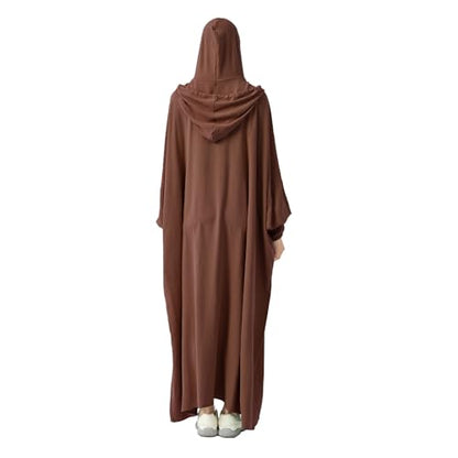 Abaya Muslim Dress Women Prayer Dress Long Sleeve Hooded Loose Maxi Dress Arabian Dubai Islamic Clothes - color: Brown