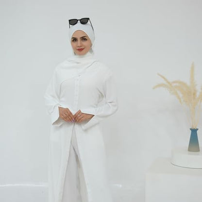 IDOPIP Muslim Women 2-Piece Set Long Sleeve Ramadan Islamic Abaya Dress Shirt with Pants Loose Fit Casual Dubai Prayer Outfit - color: White, size: X-Small-Small