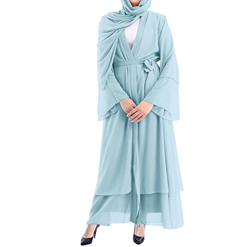 IWEMEK Women Chiffon Muslim Dress Middle East Arabian Robe Islamic Open Front Abaya Long Sleeve Flowy Maxi Cardigan Dress - color: Light Blue, size: Small