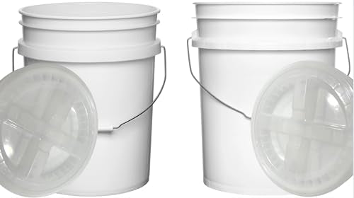 Food Grade 5 Gallon Made in USA Plastic Bucket with Air Tight Screw on Lid (White Buckets with Clear Lids) - color: White Buckets With Clear Lids